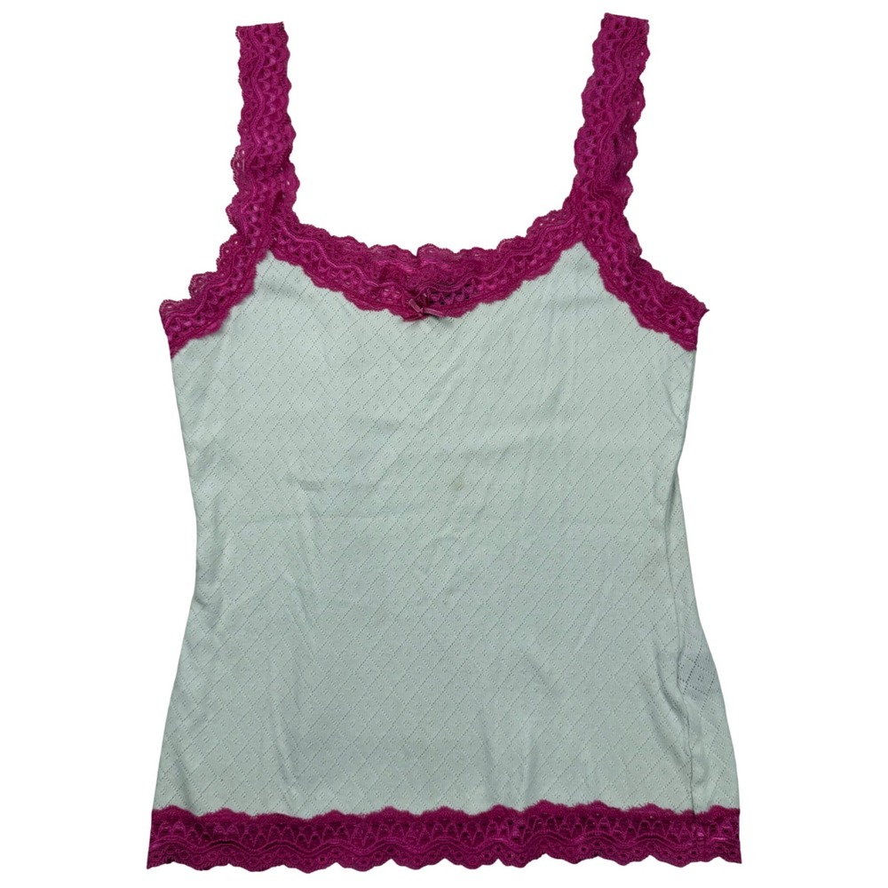 Wet Seal Vintage Y2K White Pointelle Knit Camisole Magenta Pink Lace Trim Medium